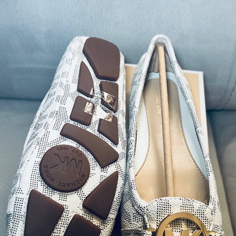 Michael Kors White Logo-Print Ballet Flats with Gold MK Medallion - Picture 5 of 5